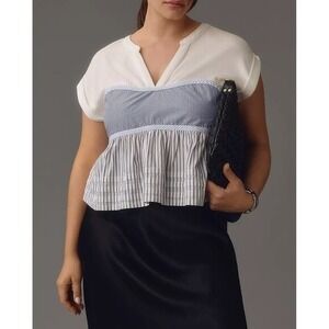 Pilcro White and Light Blue Split-Peplum Blouse